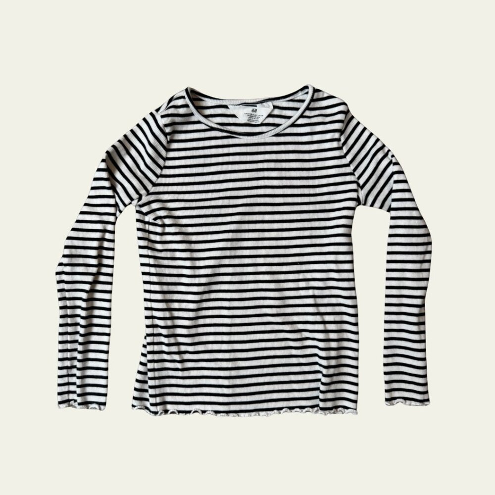 H&M Girls Ribbed Long Sleeve Top — Black & White Stripe